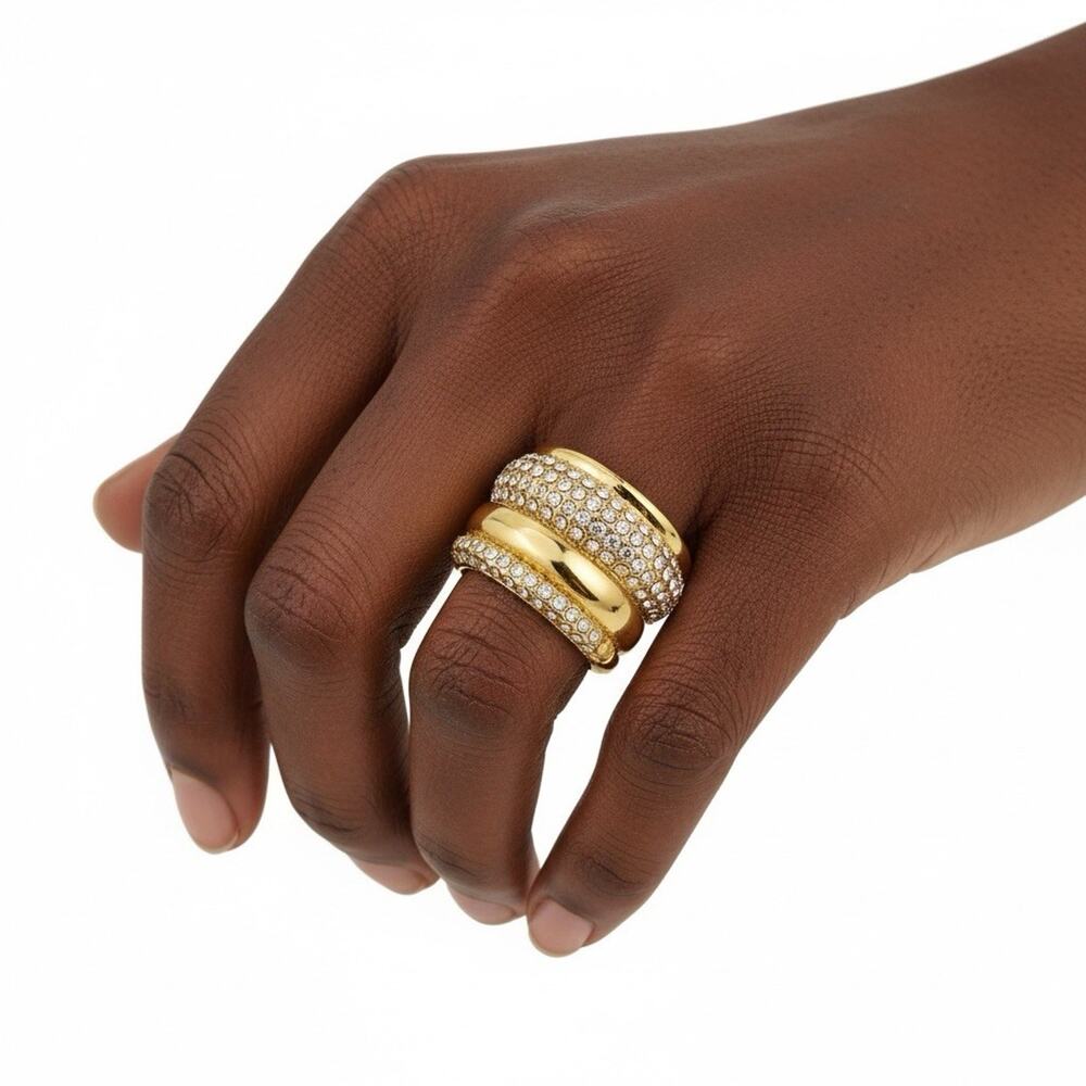 Art Deco Ring Gold Sz 9 CZ Boho Solanales Statement Dome Pave Ribbed Revival VTG